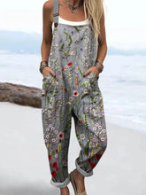 Women's Vintage Lovely Floral Art Print Casual Cotton Linen Wide Leg Jumpsuit
